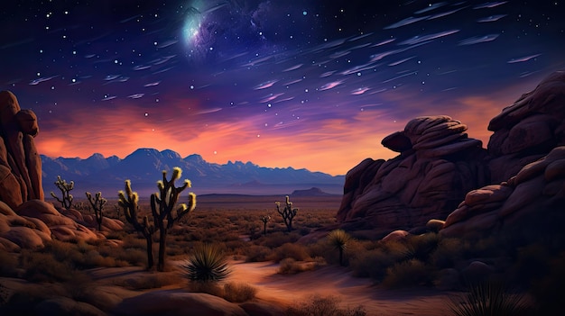 A photo of a desert with a starry night background rock formations in the distance