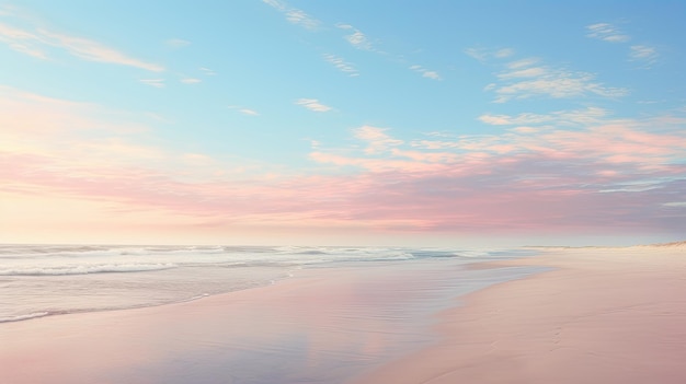 A photo of a deserted beach at sunrise pastel skies