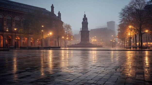 A photo of a deserted city square at dawn