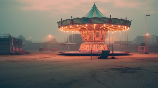 A photo of a deserted fairground twilight glow