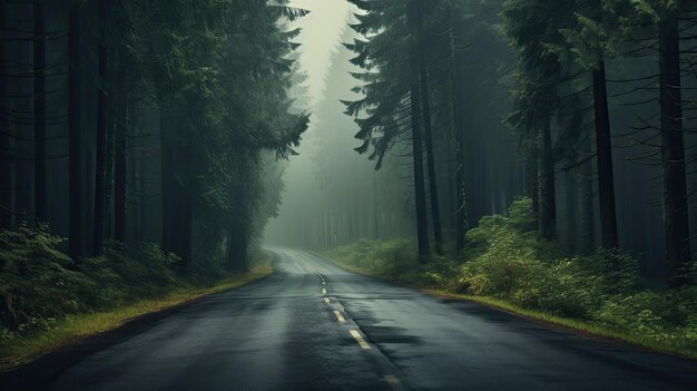 A photo of a deserted road in a foggy forest misty backdrop