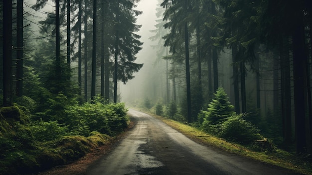 A photo of a deserted road through a misty forest filtered sunlight