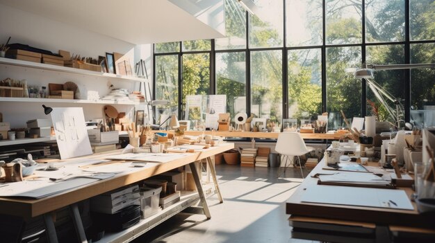 A photo of a design studio with minimalist decor natural light