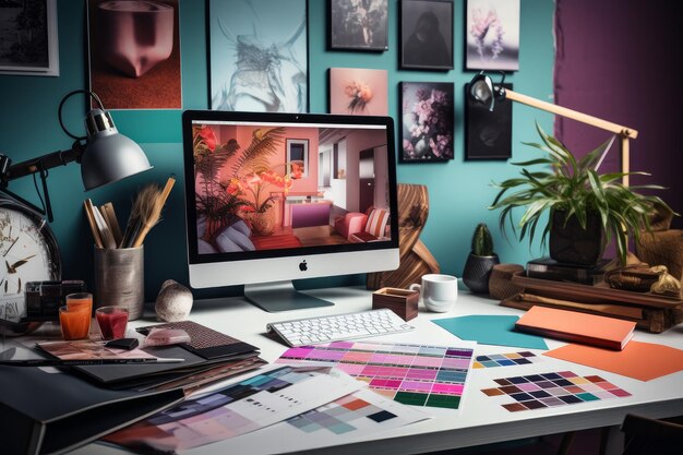 Photo of a designers desk with color swatches drawing tools and a mood board Generative AI