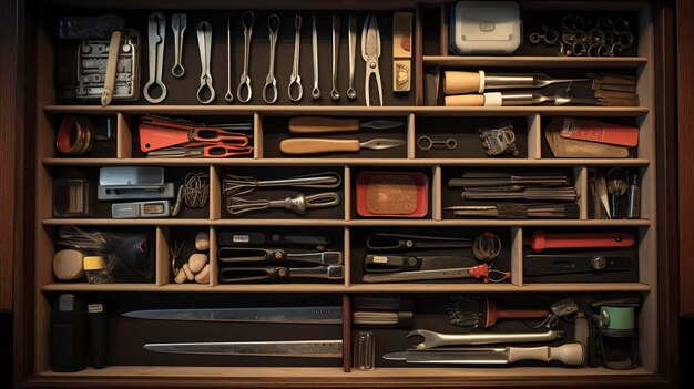 A photo of a desk drawer filled with neatly organized office tools