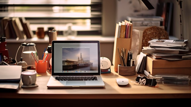 A photo of a desk with a laptop and office supplies