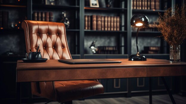 A photo of a desk with a leather office chair