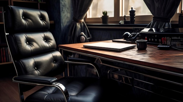 A photo of a desk with a leather office chair
