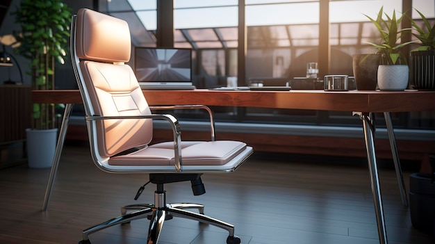 A photo of a desk with a modern office chair