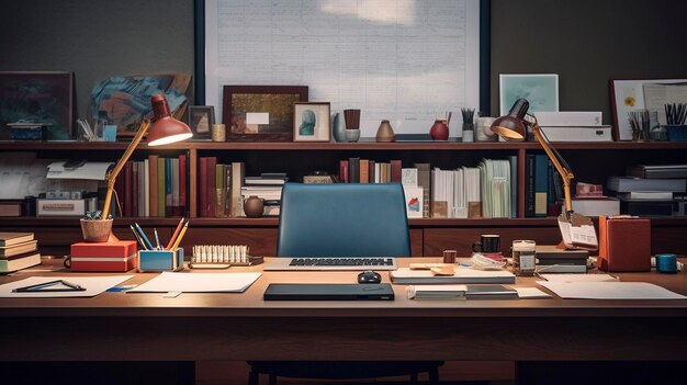 A photo of a desk with neatly arranged office tools