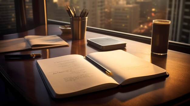 A photo of a desk with a notepad and pen