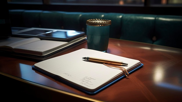 A photo of a desk with a notepad and pen