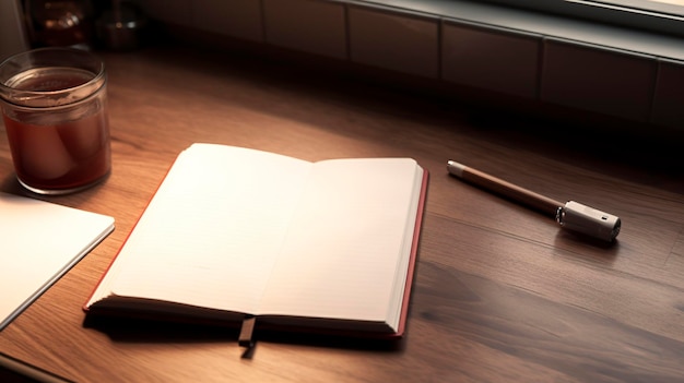 A photo of a desk with a notepad and pen