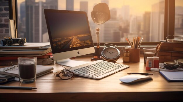 A photo of a desk with a set of creative office tools