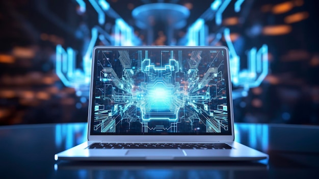 未来的な背景を背景にしたデスクトップ コンピューターの写真