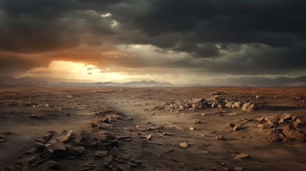 A photo of a desolate wasteland stormy sky