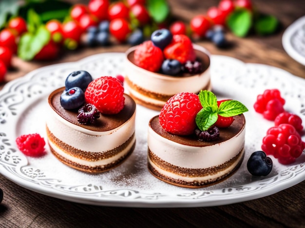 Photo dessert in form of heart shaped tiramisu covered with cream and decorated with berries