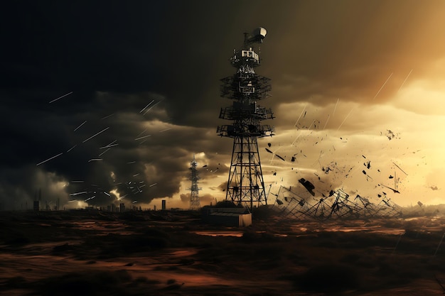 파괴 된 통신 타워 와 안테나 의 사진