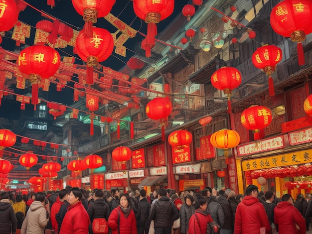 写真 中国の赤いランタンの詳細 背景 中国の新年装飾