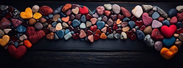 Photo of different color Hearts on table focus of Hearts stone shape stone symbol with blue dark best background Valentines day concept generative ai