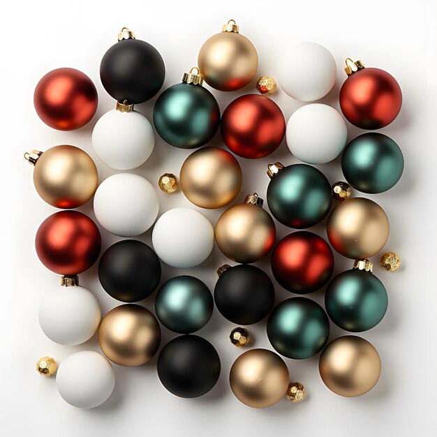 Photo photo of different colours and sizes christmas balls randomly placed on white background