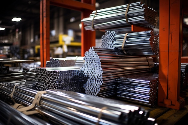 Photo different metal rolled products stainless steel profiles and tubes in warehouse background