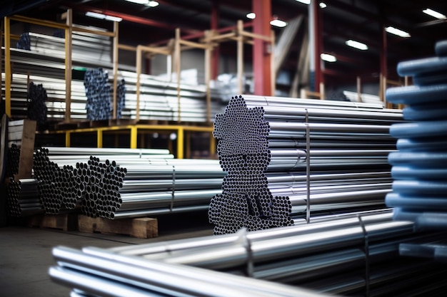 Photo different metal rolled products stainless steel profiles and tubes in warehouse background