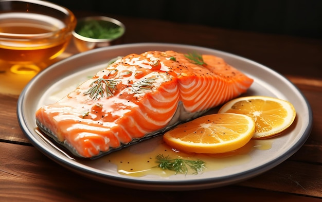 연어 생선 으로 만든 여러 가지 맛있는 음식 들 의 사진