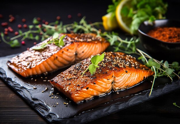 Photo of different tasty dishes from salmon fish