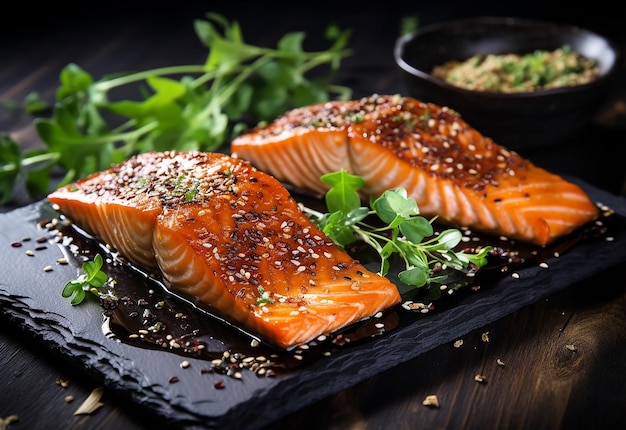 Photo of different tasty dishes from salmon fish