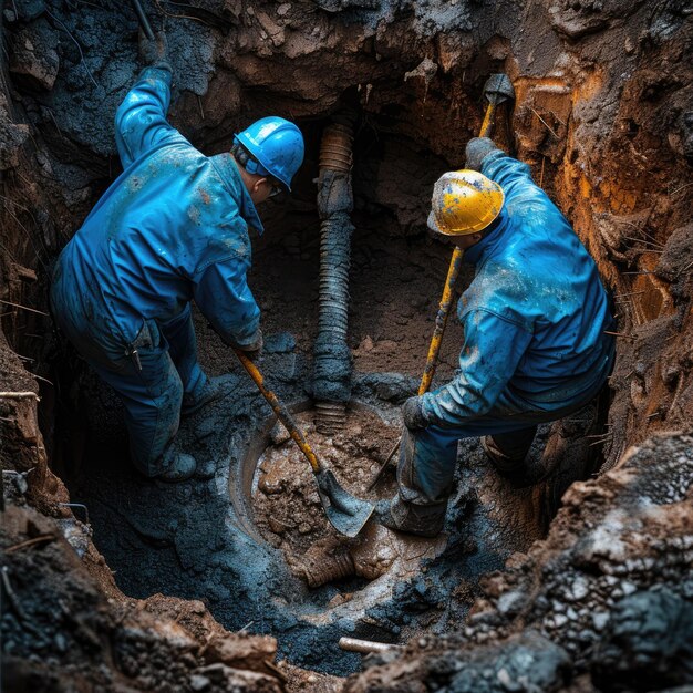 photo of digging a pipe pit two workers in blue uniforms and helmets with shovels