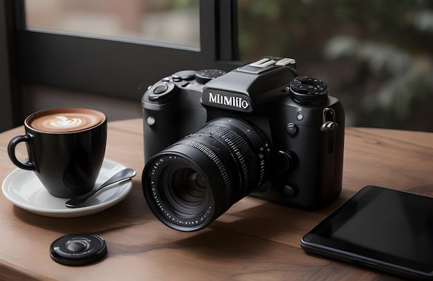 Photo digital camera on the table with plant