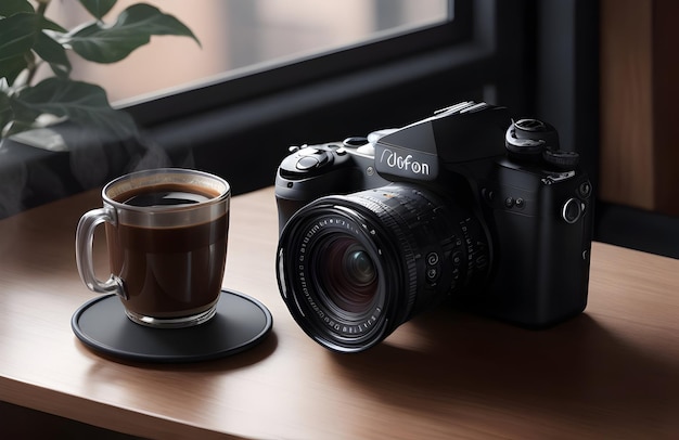 Photo digital camera on the table with plant