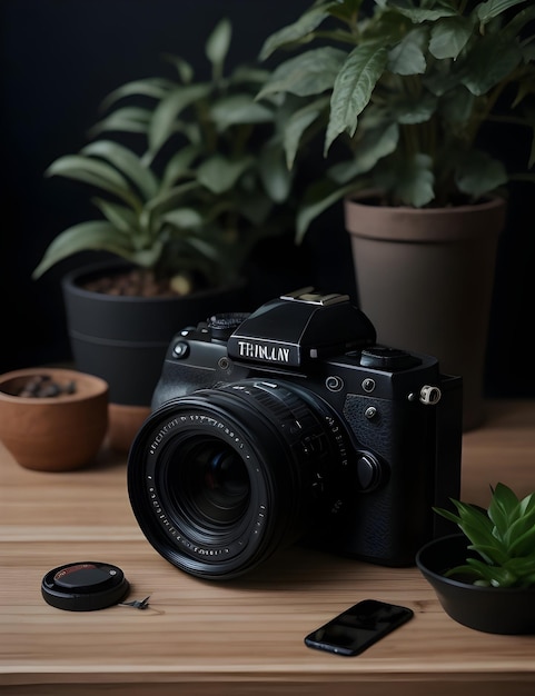 Photo digital camera on the table with plant