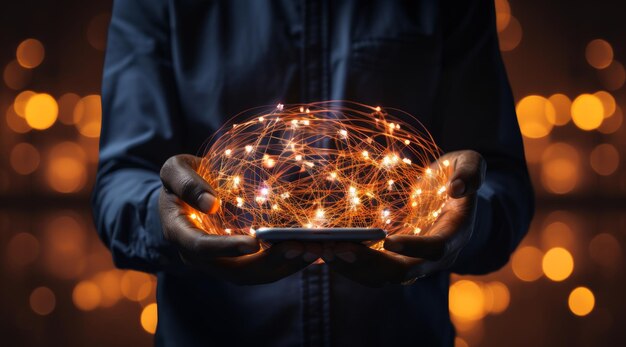 Фото Фото цифровой инновационной концепции с мобильным телефоном в руках и лампочками, которые мерцают блеском