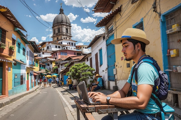 фото цифровой кочевник, использующий свой ноутбук в латиноамериканском городе