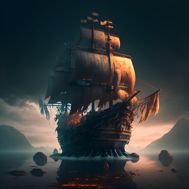 Photo photo digital painting of pirate ship traveling on rough high seas