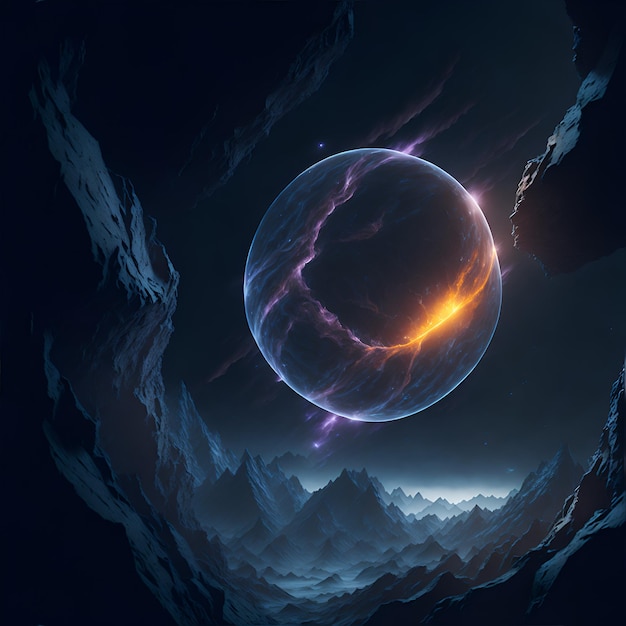 Photo of a digital painting of a sphere in the middle of a mountain range