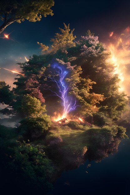 Photo of a digital painting of a tree with a lightning bolt