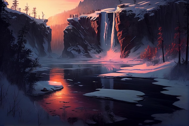 Photo digital painting of a waterfall in a snowy landscape