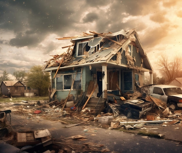 Photo digital paintings of houses and debris caught