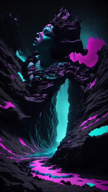 Photo of a digitally painted woman in a mystical cave