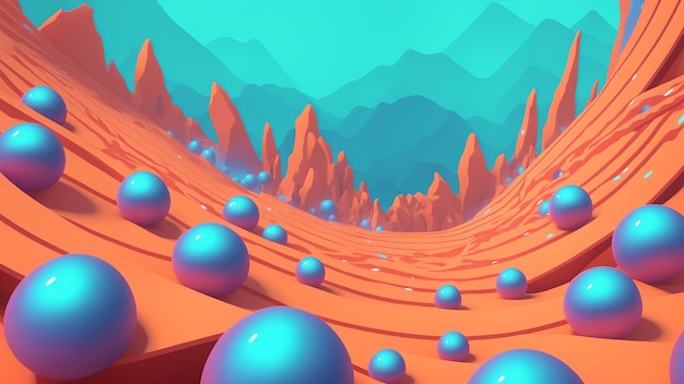 Photo of a digitally rendered abstract landscape with blue spheres