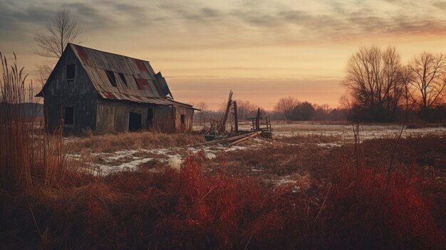 A photo of a dilapidated barn with overgrown weeds warm sunset glow