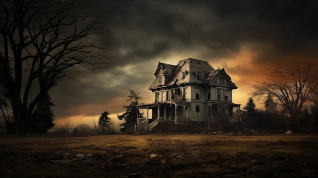 A photo of a dilapidated mansion stormy sky