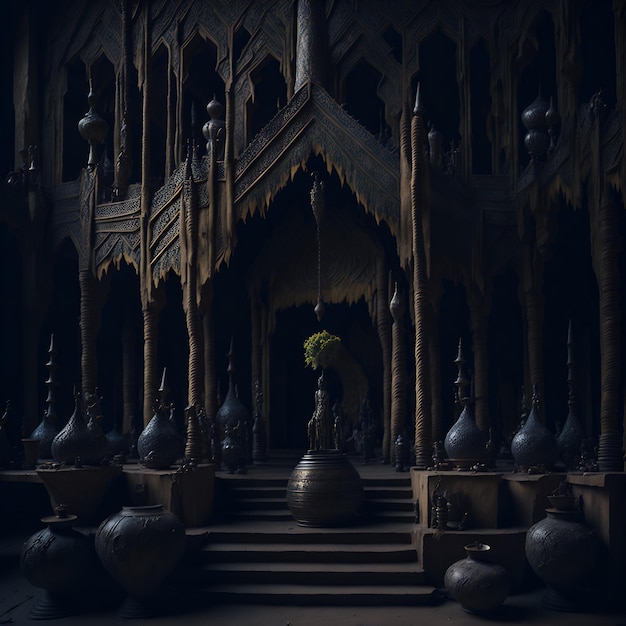 Photo of a dimly lit room filled with a collection of ceramic vases on the ground AI