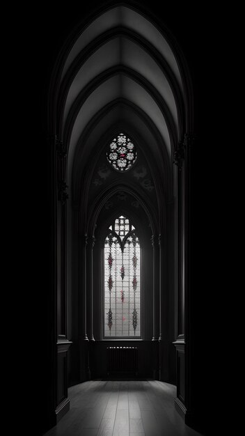 Photo of a dimly lit room with a stunning stained glass window