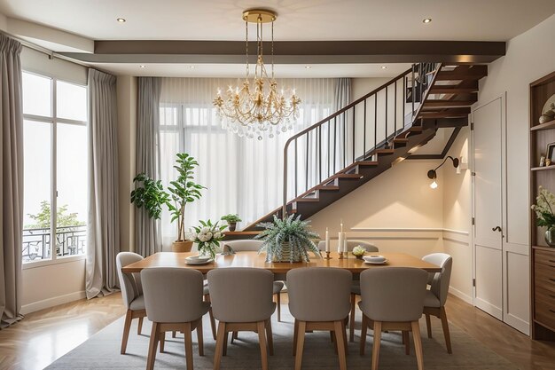 Foto scala della sala da pranzo con tavolo da pranzo con luce da soffitto e tende vintage