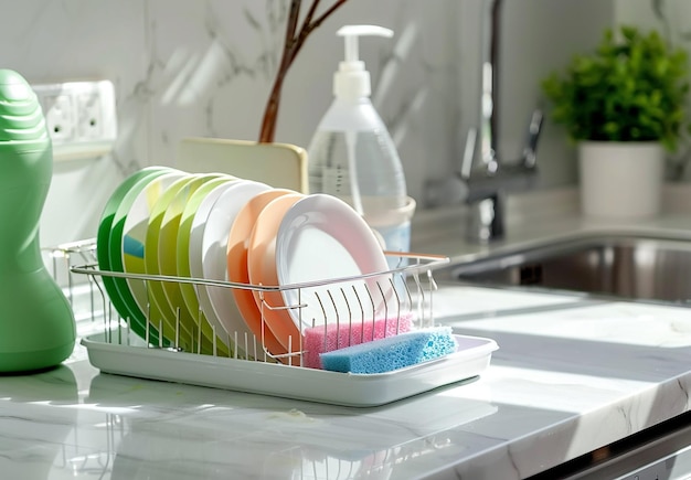 Photo of a dish rack with clean white and colorful plates dining or dinner set washing plates