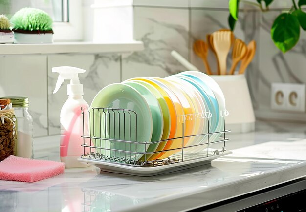 Photo photo of a dish rack with clean white and colorful plates dining or dinner set washing plates